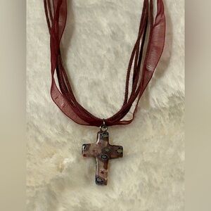 Multi-Strand Burgundy Ribbon Necklace with Floral Cross Pendant 18 inches